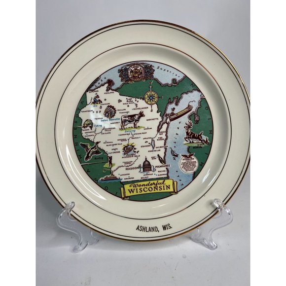 Taylor Smith Taylor Ashland Wisconsin State Plate  9" Diameter white, green   Ce - Picture 5 of 16